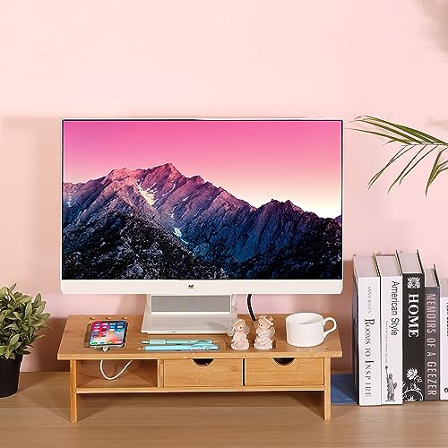 Monitor Stand Riser Desk Organizer-Bamboo 2 Tier Laptop Stand with Drawers, Adjustable Desktop Storage Organizer for Computer, Printer, Cellphone