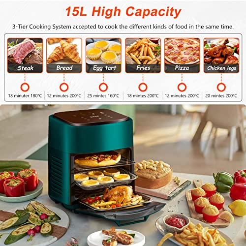 INMOZATA Air Fryer 15L, Oil Free Air Fryer Oven with 3Ties, Rapid Air Circulation, One-Touch Digital Screen, 4Presets & Warm & 24Hours Timing, Di
