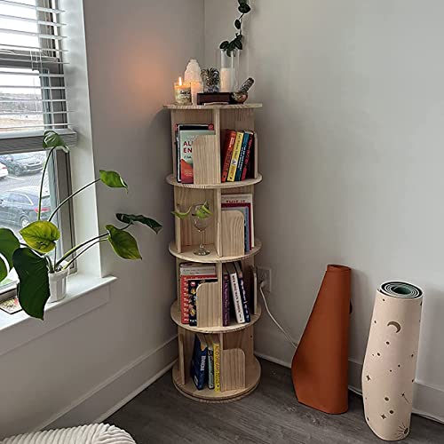 MYOYAY 4-Tier Solid Wood Bookshelf Floor Standing Bookcase 360° Rotation Book Storage Cabinet Magazines Potted Plants Display Stand Holds Up to 2