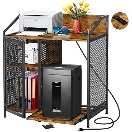 MOOACE File Cabinet with Charging Station and Paper Shredder Stand, 3 Tier Printer Stand Office Storage Lateral Filing Cabinet with Open Storage