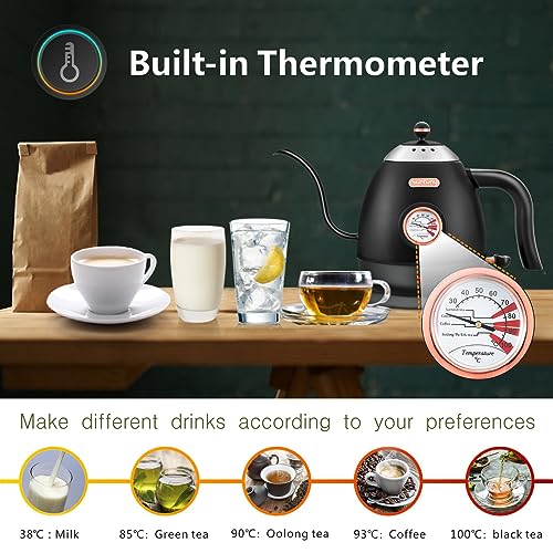 Electric Gooseneck Kettle with Temperature Display, Black Pour Over Coffee Kettle 100% Stainless Steel Hot Water Boiler, 1000W Fast Boil Kettles,