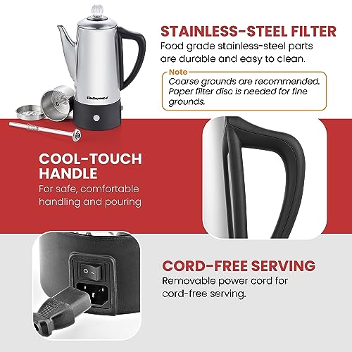 Elite Gourmet EC140 Electric 6-Cup Coffee Percolator with Keep Warm, Clear Brew Progress Knob Cool-Touch Handle Cord-less Serve, Stainless Steel
