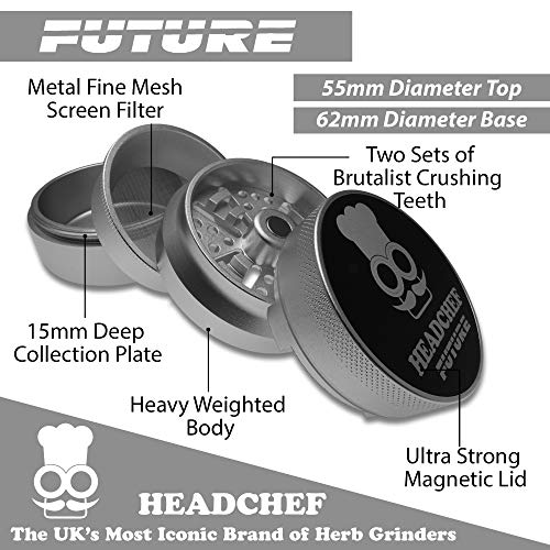 Headchef Future 4 Piece Grinder with Sandblasted Finish, Metal Herb Grinder, 62mm (Silver)