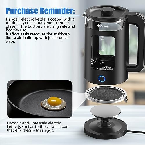 Haooair Kettle, 1.5 Liter Electric Kettle with Blue LED, Easy to Clean Glass Kettle, Fast Boil Quiet, BPA-Free, Boil-Dry Protection (Gifts: Black