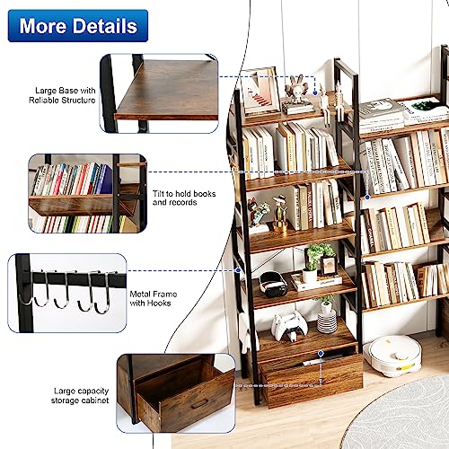 HSSZXFR Triple Wide Bookshelf 5-Tier with 2 Drawers, Industrial Bookshelves Sturdy Wood and Metal, Bookcase Spacious for Display and Storage, Lar