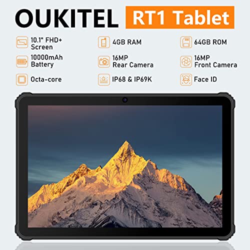 Tablet 10.1 Inch OUKITEL RT1, 10000mAh Large Battery, Octa-Core 4GB RAM + 64GB ROM, 1920x1200 FHD+ Rugged Tablet, 16+16MP Camera, Dual 4G SIM+5G