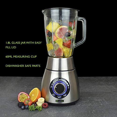 healthkick 1200w Ice Crushing Smoothie Blender - 1.8L Glass Jug - 3 Programmes: Pulse/Ice Crush/Smoothie - Variable Speed Control - Free Health a
