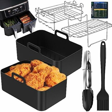11Pcs Air Fryer Accessories for Ninja Dual AF300UK AF400UK Air Fryer Silicone Liners Stainless Steel Air Fryer Racks with Oil Brush Kitchen Tong