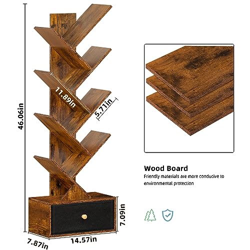 SHEEPAM 8 Tier Tree Bookshelf with Drawer, Free Standing Wood Bookcase for Narrow Space, Storage Organizer Bookshelves for Books, Book Case for H