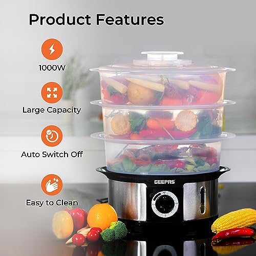 Geepas 3-Tier Food Steamer, 12L Capacity | Electric Vegetable Steamer with BPA Free Removable Baskets for Healthy Steam Cooking | 75 Minutes Time