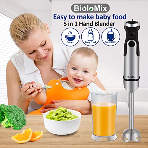 BioloMix Handheld Blender, Stainless Steel Hand Stick Blender, 4-In-1 Hand Blender with Egg Whisk, 600ml Beaker & 500ml Chopper Bowl for Smoothie