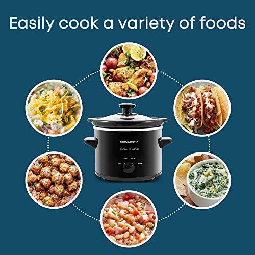 Elite Gourmet MST239X Electric Round Slow Cooker, Adjustable Temp, Entrees, Sauces, Stews & Dips, Dishwasher Safe Glass Lid & Crock, 2 Quart, Bla