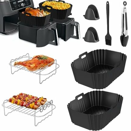 Yumuwind Air Fryer Accessories, Set of 8 for Ninja Dual Air Fryer AF300UK AF400UK & 7.6L-9.5L, Including Silicone Air Fryer Liner & Dual Air Frye