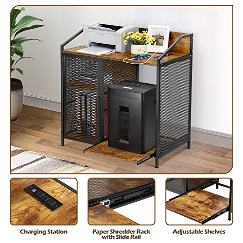 MOOACE File Cabinet with Charging Station and Paper Shredder Stand, 3 Tier Printer Stand Office Storage Lateral Filing Cabinet with Open Storage