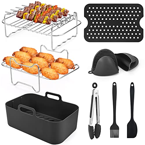 Dual Air Fryer Accessories13PCS, Double Basket, 304 Stainless Steel Grilling Rack Compatible for Ninja Foodi AF300UK, AF400UK, Instant Vortex, To