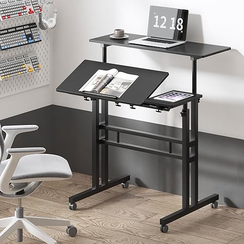 Mobile Laptop Sit-Stand Desk, soges Height Adjustable Standing Tiltable Top Desk, 31.5 inch Stand Up Computer Desk for Home Office, Small Rolling