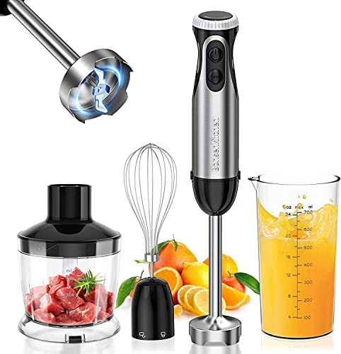 Bonsenkitchen Stainless Steel Hand Blender, 4-in-1 Stick Blender 1000W, 20 Speed Adjustable, with Whisk, 500ml Chopper and 700ml Measuring Cup, F