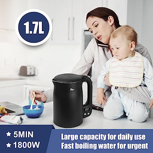 Bear 1.7L Temperature Cntrol Black Kettle LED Display with 11 Temperatures 1800w 304 Stainless Steel Black Kettle, Dry Protection, Double Scald P