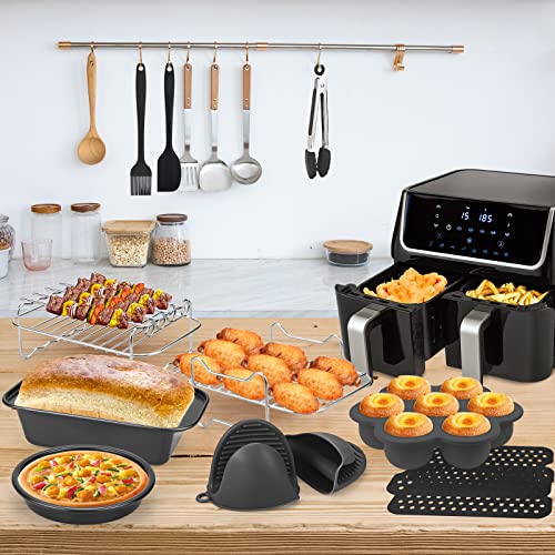 Dual Air Fryer Accessories13PCS, Double Basket, 304 Stainless Steel Grilling Rack Compatible for Ninja Foodi AF300UK, AF400UK, Instant Vortex, To