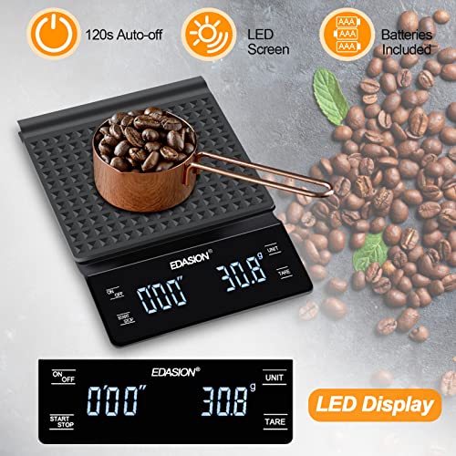 Digital Coffee Scale with Timer 0.1g/3KG High Precision Kitchen Scale Waterproof Electronic Food Weighing Espresso Scale, Large LED Display, Touc