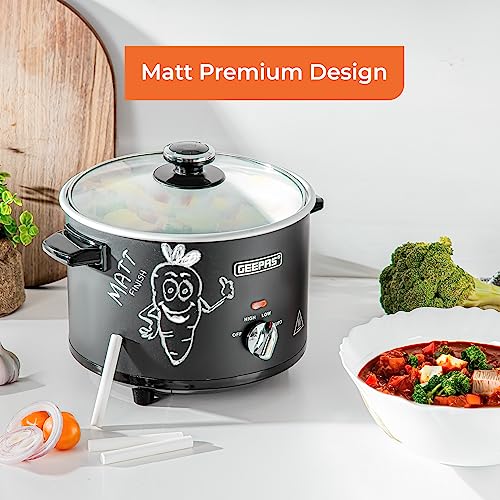 Geepas 1.5 Litre Slow Cooker | 3 Temperature Settings, Removable Easy-Clean Ceramic Bowl | Tempered Glass Lid & Cool Touch Handles, Matt Design |