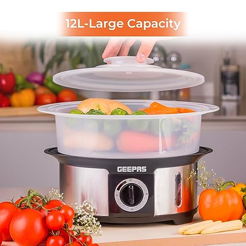 Geepas 3-Tier Food Steamer, 12L Capacity | Electric Vegetable Steamer with BPA Free Removable Baskets for Healthy Steam Cooking | 75 Minutes Time