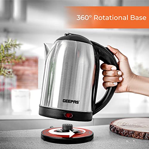 Geepas Electric Kettle, 1500W | Stainless Steel Cordless Kettle | Boil Dry Protection & Auto Shut Off | 1.8L Jug Kettle for Hot Water Tea or Coff