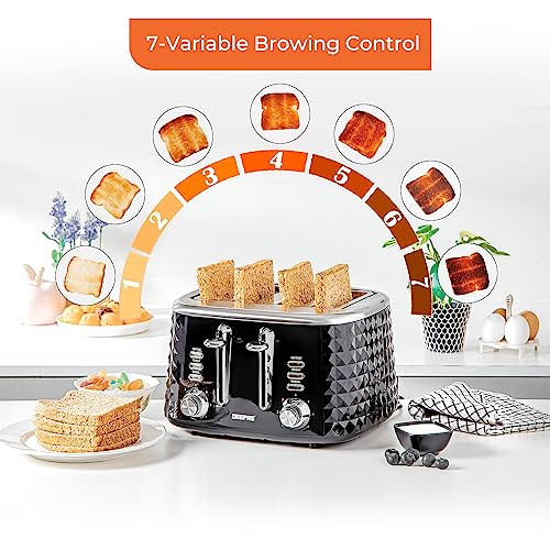 Geepas 4 Slice Bread Toaster & 1.5L Cordless Electric Kettle Combo Set with Textured Design – 1750W Toastie Machine with 7 Browning Control - 300