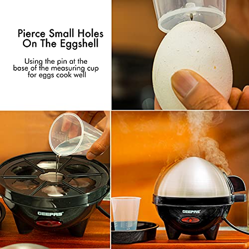 Geepas 3-in-1 Egg Boiler Poacher, 350W | Electric Egg Cooker & Omelette Maker, Vegetable Steamer | Poaching Bowl, Measuring Cup with Egg Piercer