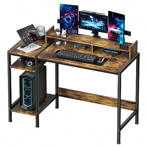 MINOSYS Computer Desk - 39” Gaming Desk, Home Office Desk with Storage, Small Desk with Monitor Stand, Rustic Writing Desk for 2 Monitors, Adjust