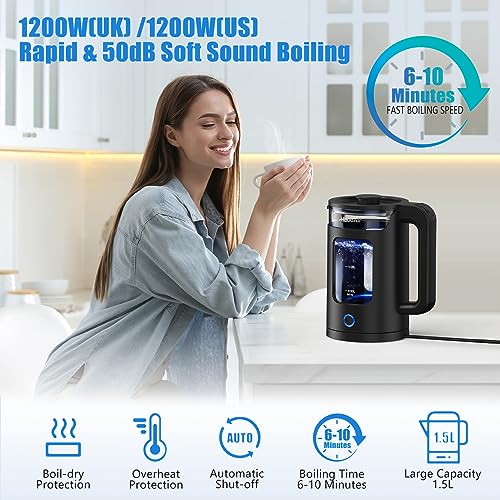 Haooair Electric Kettle, 1.5 Liter Easy to Clean Glass Kettle with Blue LED, Fast Boil Quiet, BPA-Free, Boil-Dry Protection