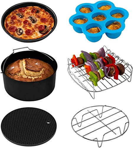 COSORI Air Fryer Accessories Set, Fit All of Brands 5.5 L, Pack of 6 Including Cake Pan/Pizza Pan/Metal Holder/Multi-Purpose Rack with Skewers/Si