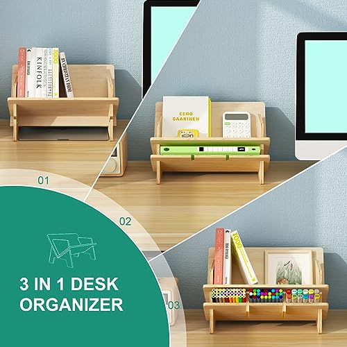 RekRang Desktop Bookshelf Desk Organizer Shelf,Tabletop Tilted Bookcases with Pen Holder,3-in-1 Wood Storage Rack Display Stand Shelf Home Office
