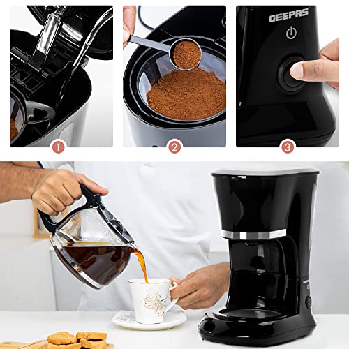 GEEPAS 1.5L Filter Coffee Machine | 800W Coffee Maker for Instant Coffee, Espresso, Macchiato & More | Boil-Dry Protection, Anti-Drip Function, A