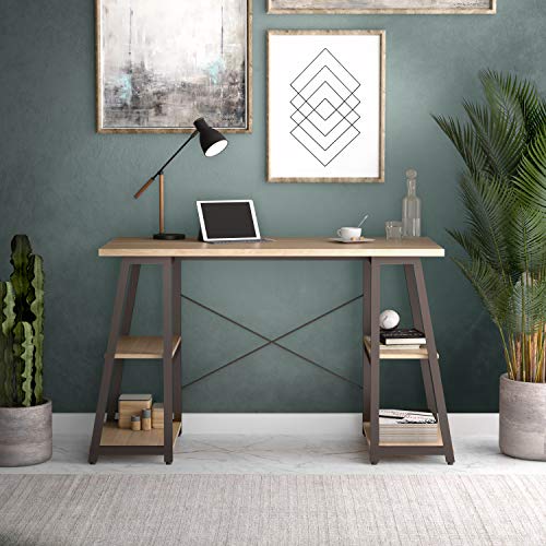 Office Hippo Oak Office Desk with Shelves, Home Office Desk with Storage, Small Desk for Home Office, Computer Desk, 130 x 60 x 77 cm