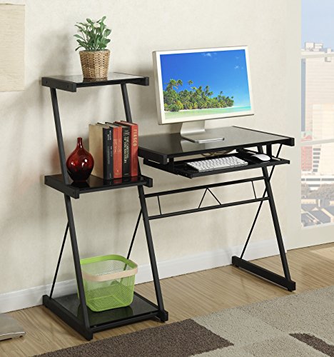 Major-Q Modern Home Office Black Glass Top Writing Desk and Shelf with Keyboard Tray, Pxf3116