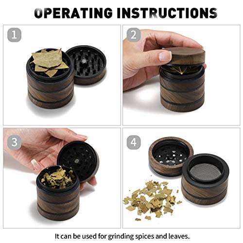 DCOU Premium Large Wooden Spice Grinder Pollen Collector with Magnetic Lid and Pollen Catcher 4 Piece 2.5 inches (Black)