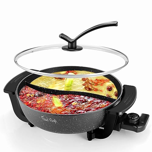 Food Party Hot Pot Electric Hotpot with Divider Chinese Hot Pot Cooker Non-Stick 6-Quart Shabu Shabu Pot