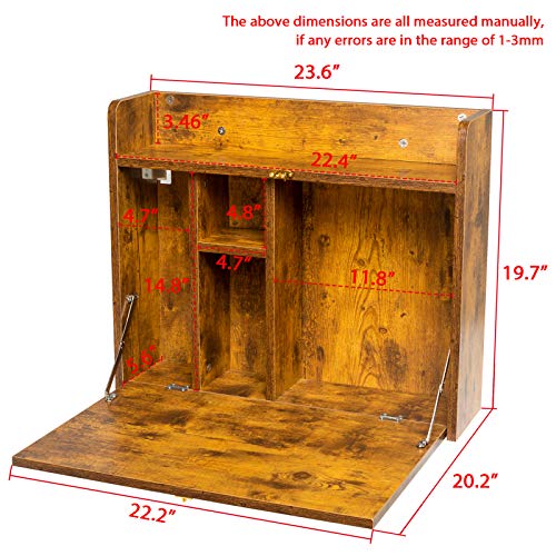 KZHOME Wall Mounted Table Multifunctional Folding Wall-Mounted Laptop Desk Writing Table with Storage Shelves for Home Office, Rustic Brown