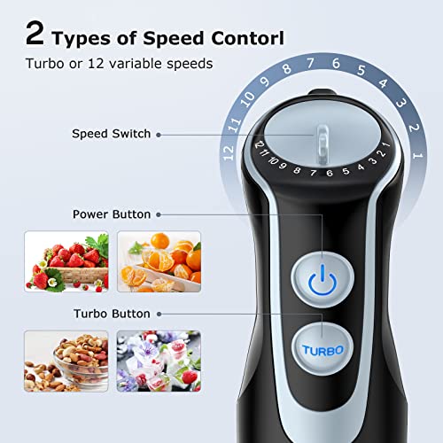 FRESKO Stainless Steel Hand Blender, 1200W Electric Stick Blender with 12 Speed and Turbo Mode, Heavy Duty Copper Motor Immersion Blender,700ml B