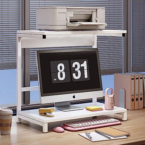 Simmer Stone Steel Tube Wooden Computer Monitor Station 2 Tier Steel Tube Wooden Shelves Display Station Office Storage Rack Multifunctional Furn