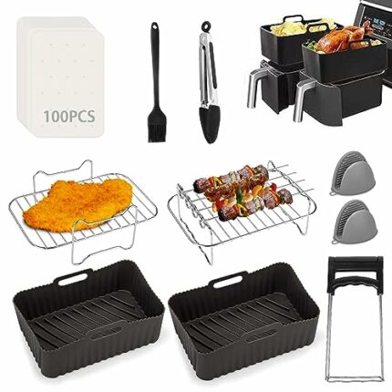 Air Fryer Accessories, Set of 9 for Ninja Dual AF300UK AF400UK Tower T17088 Including Silicone Air Fryer Liner&Air Fryer Rack&Food Clip&Paper Lin