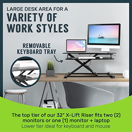 TechOrbits Standing Desk Converter - 32 Inch Adjustable Sit to Stand Up Desk Workstation, Particle Board, Dual Monitor Desk Riser with Keyboard T