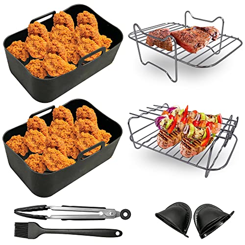 Divine Dwellings 8 PCS Dual Air Fryer Accessory Set with Reusable Silicone Liner, Stainless Steel Racks Compatible with Ninja AF300UK, Tower T170