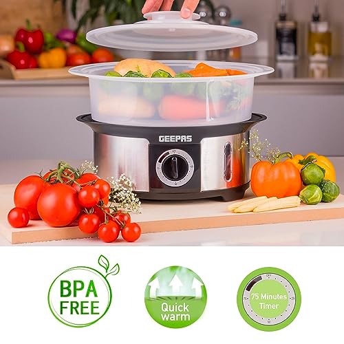 Geepas 3-Tier Food Steamer, 12L Capacity | Electric Vegetable Steamer with BPA Free Removable Baskets for Healthy Steam Cooking | 75 Minutes Time