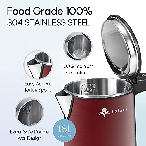SOLARA Premium Electric Red Kettle Xtra Large | Double Wall 100% Stainless Steel kettle BPA-Free Cool Touch Tea Kettle with Overheating Protectio