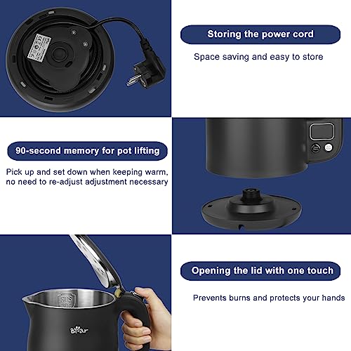 Bear 1.7L Temperature Cntrol Black Kettle LED Display with 11 Temperatures 1800w 304 Stainless Steel Black Kettle, Dry Protection, Double Scald P