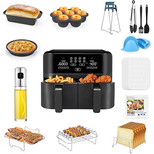 Dual Air Fryer Accessories13PCS, Double Basket, 304 Stainless Steel Grilling Rack Compatible for Ninja Foodi AF300UK, AF400UK, Instant Vortex, To