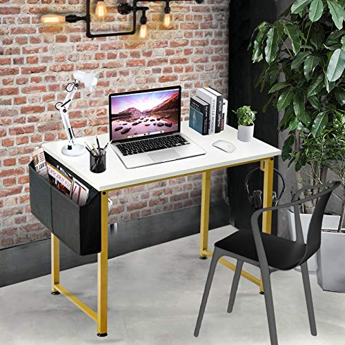 Lufeiya Small Computer Desk White Writing Table for Home Office Small Spaces 31 Inch Modern Student Study Laptop PC Desks with Gold Legs Storage