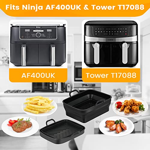 Silicone Air Fryer Liners, 4 PCS Dual Air Fryer Accessories for Ninja AF400UK & Tower T17088 & AF300UK, 8.46inch Reusable Foldable Air Fryer Pots